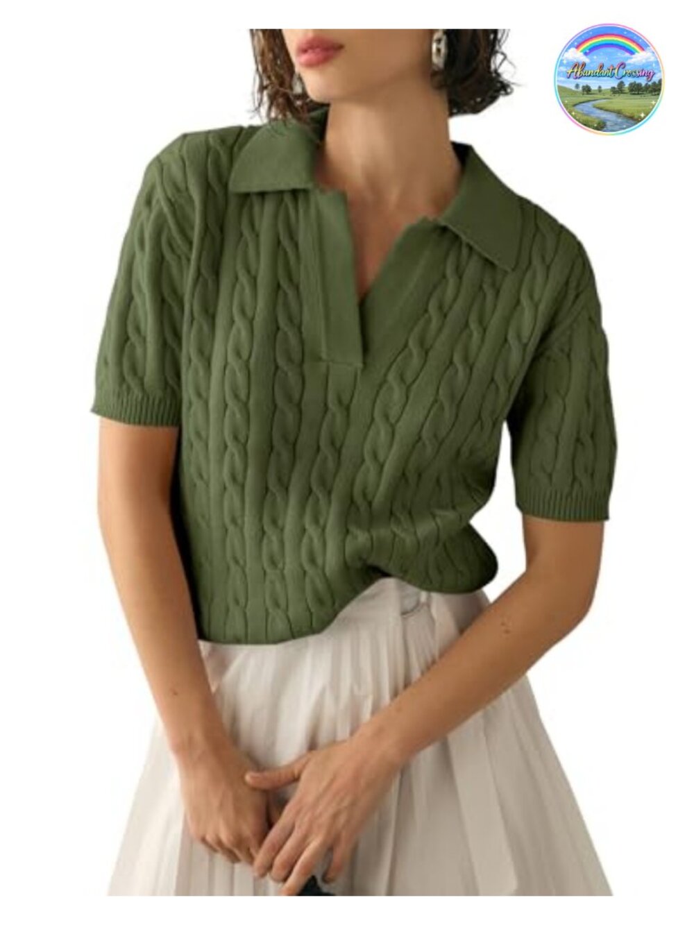 Women's Cable Knit Short Sleeve Sweater V Neck Lapel Pullover Top